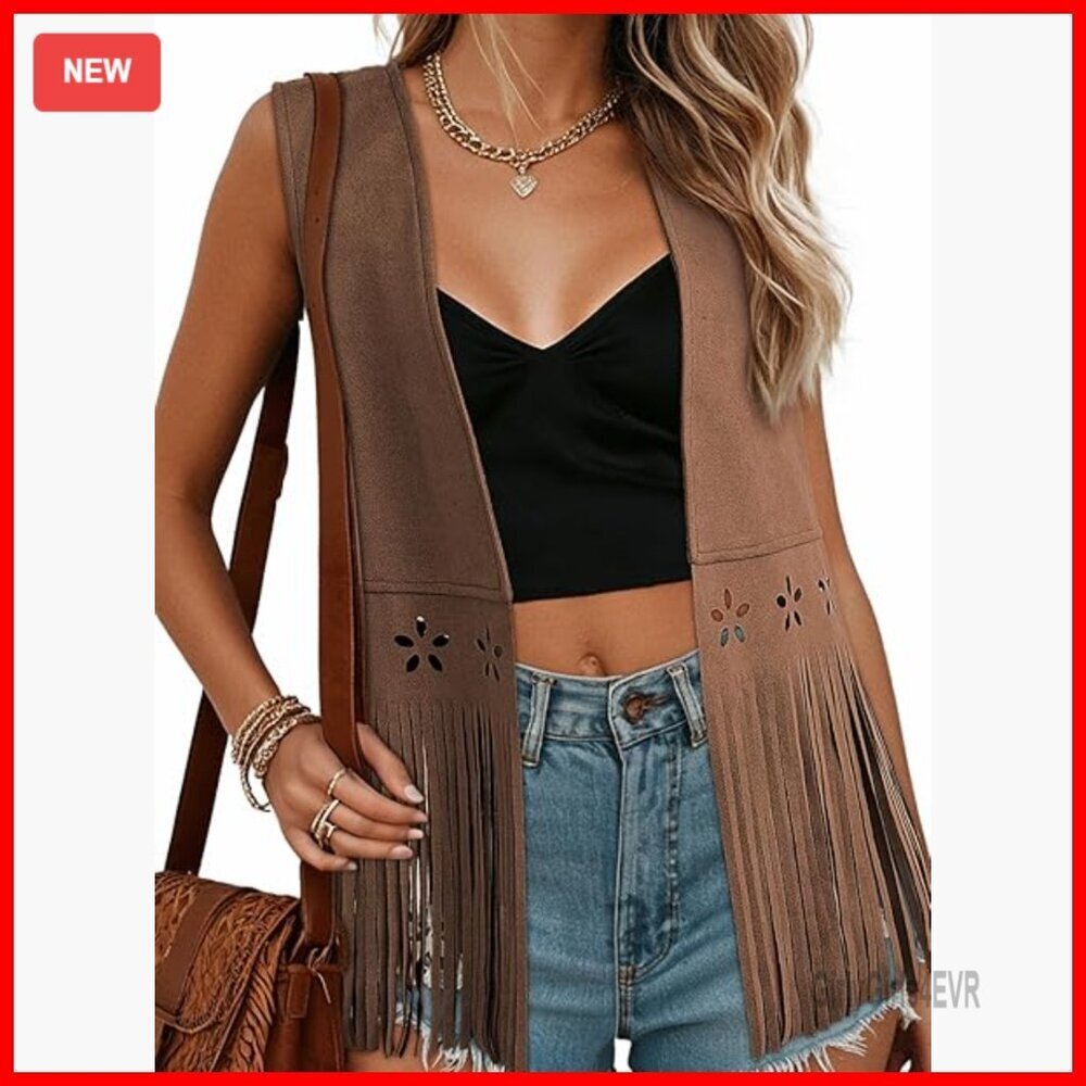 Sleeveless Faux Suede Fringe Vest with Hollow Out Details